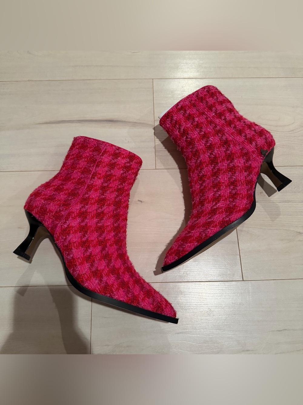 Betsey Johnson Pink Houndstooth Pointed-Toe Ankle Booties